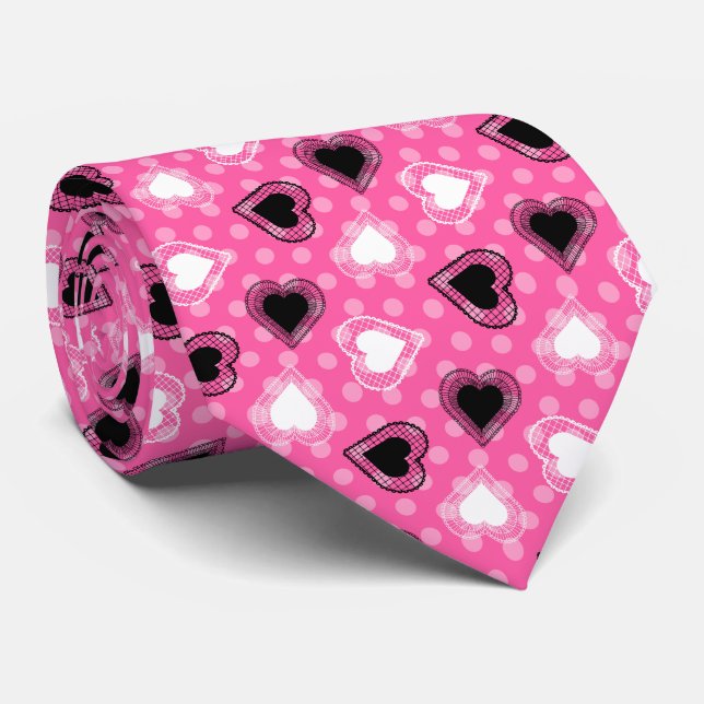 Pink Polka Dots Lace Hearts Neck Tie (Rolled)