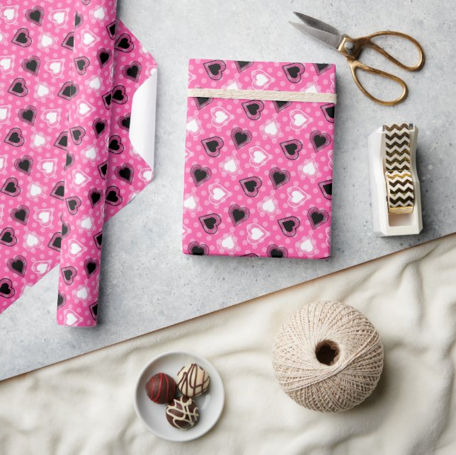 Pink Polka Dots Lace Hearts Wrapping Paper (Crafts)