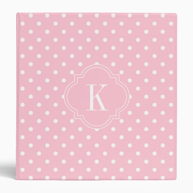 Pink Polka Dots Monogram 3 Ring Binder (Front)