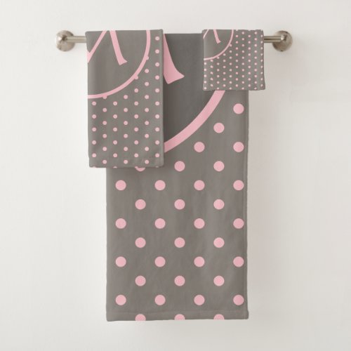 Pink polka dots monogrammed gray bath towel set