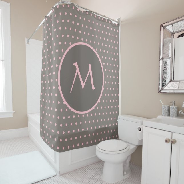 Pink polka dots monogrammed gray shower curtain (In Situ)