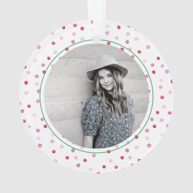 Pink Polka Dots NAME PHOTO Artisan Sweet Preppy Ornament (Back)