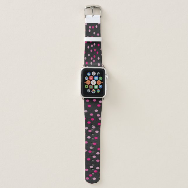 Pink Polka Dots on Black  Apple Watch Band (Front)