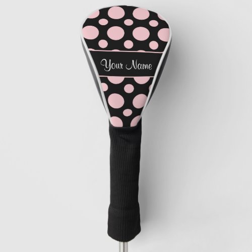 Pink Polka Dots On Black Background Golf Head Cover
