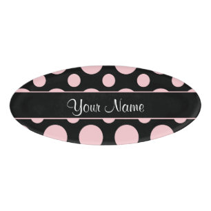 Pink Polka Dots On Black Background Name Tag