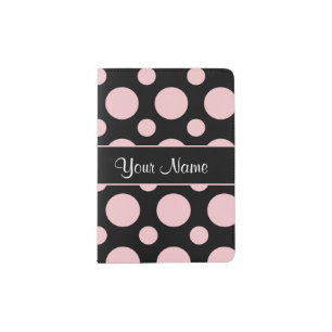Pink Polka Dots On Black Background Passport Holder