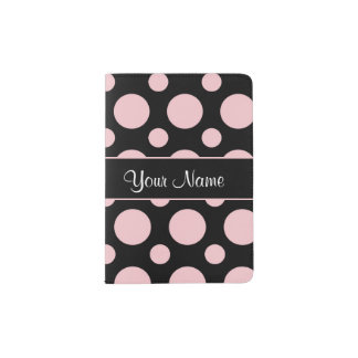 Pink Polka Dots On Black Background Passport Holder