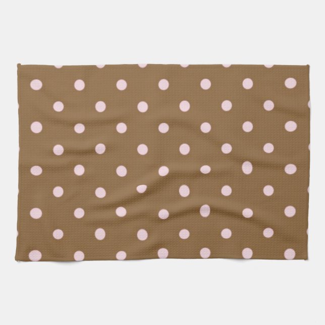 Pink Polka Dots On Brown Background Kitchen Towel (Horizontal)