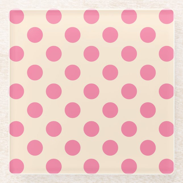 Pink polka dots on cream glass coaster (Front)