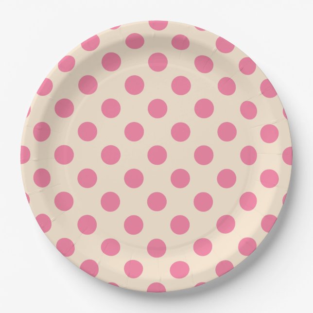 Pink polka dots on cream paper plates (Front)