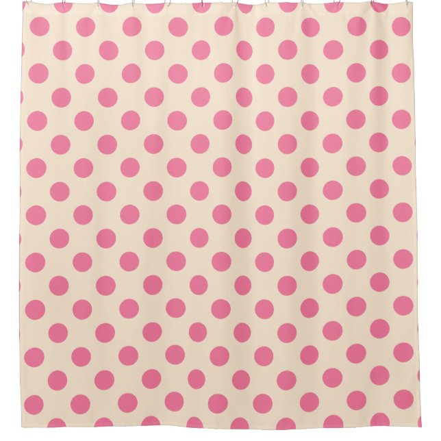 Pink polka dots on cream shower curtain (Front)