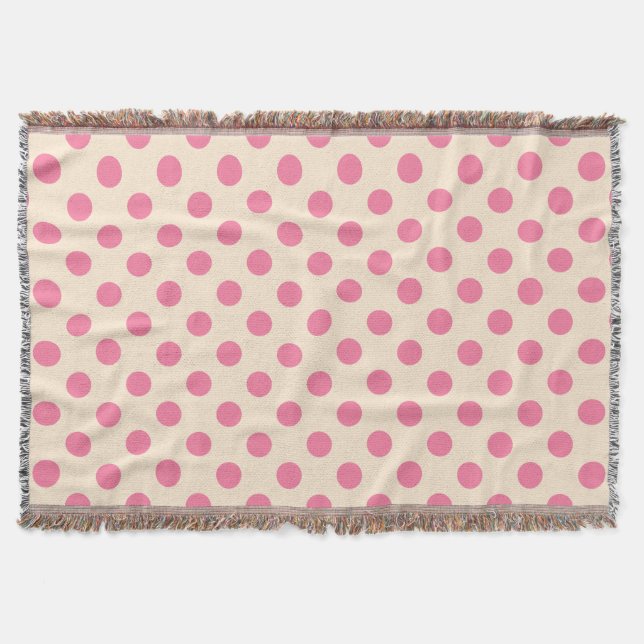 Pink polka dots on cream throw blanket (Front)