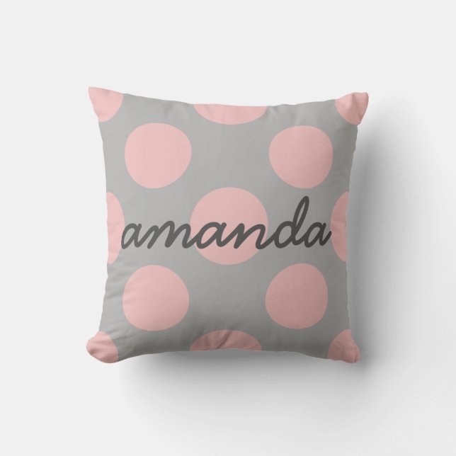 Pink Polka Dots on Gray Throw Pillow (Front)