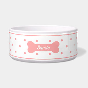 Pink Polka Dots On White With Dog Bone & Name Bowl