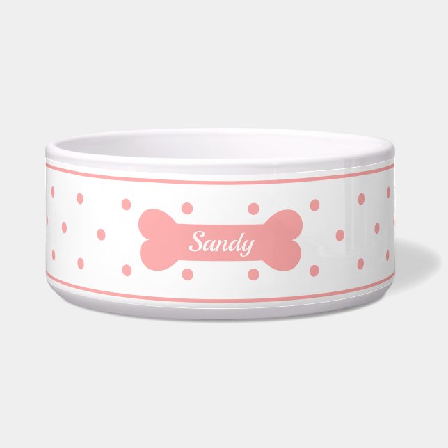 Pink Polka Dots On White With Dog Bone & Name Bowl (Front)