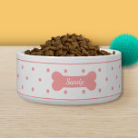 Pink Polka Dots On White With Dog Bone & Name Bowl<br><div class="desc">Simple yet stylish pink polka dots pattern together with a pink dog bone silhouette. There is a personalizable text area for the name of the pet on the bone. The font is a beautiful script font in white color. The top and bottom have a pink border.</div>