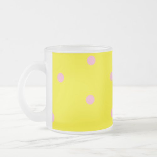 Pink polka dots on yellow  frosted glass coffee mug