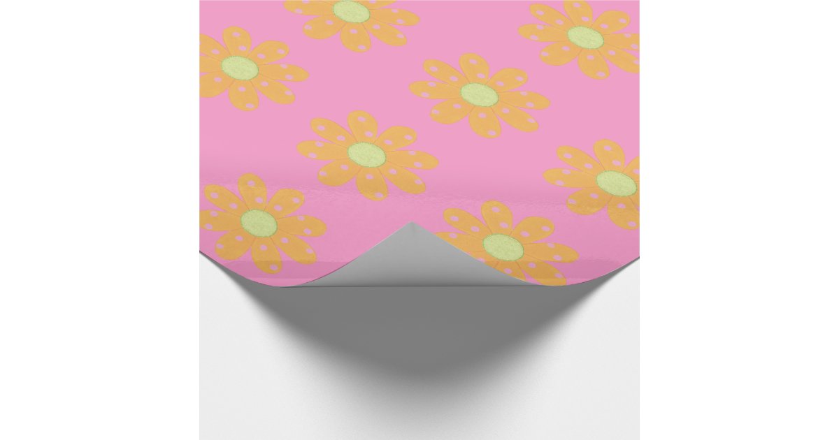 Pink Polka Dots on Yellow Orange Flowers Wrapping Wrapping Paper