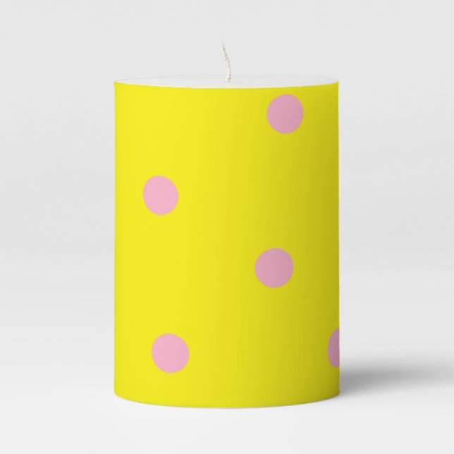 Pink polka dots on yellow  pillar candle (Front)
