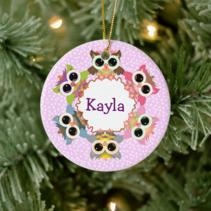 Pink Polka Dots Owl Wreath Ceramic Ornament