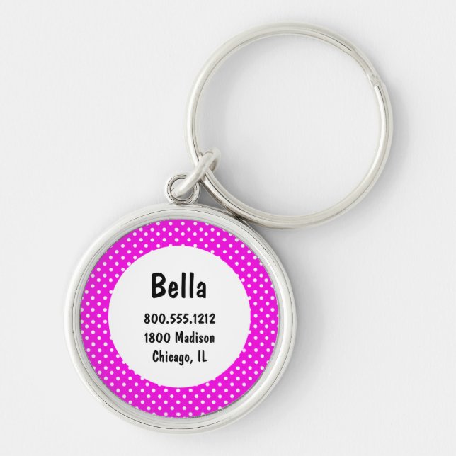 Pink Polka Dots Pet Identification Tag Keychain (Front)