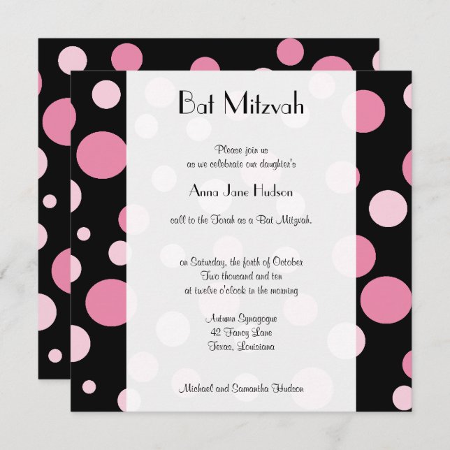 Pink Polka Dots, Polka Dot Pattern, Bat Mitzvah Invitation (Front/Back)