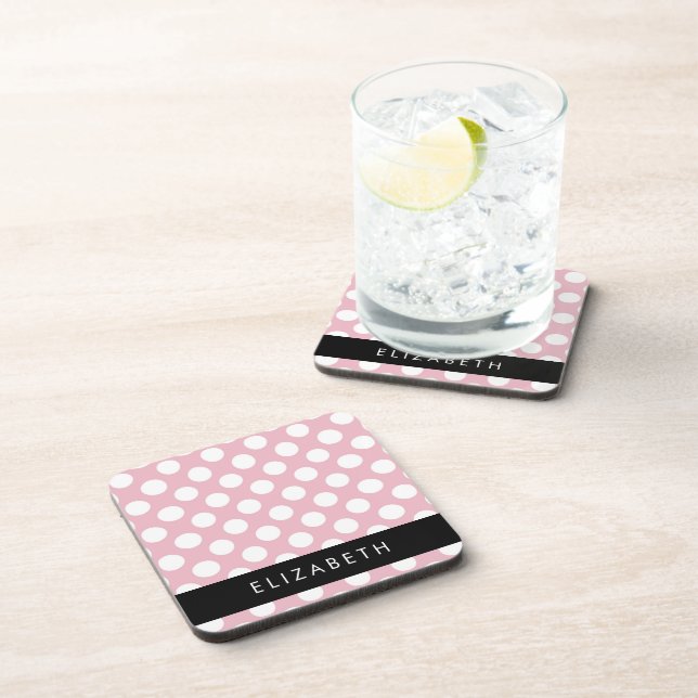 Pink Polka Dots, Polka Dot Pattern, Your Name Beverage Coaster (Right Side)