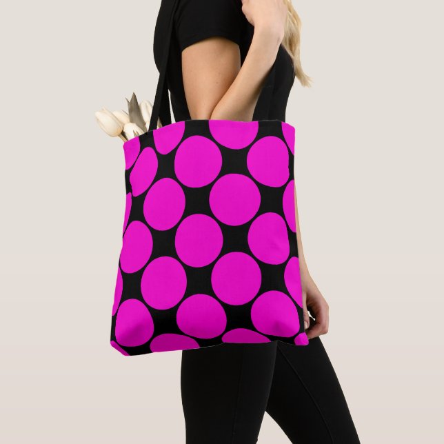 Pink Polka Dots Retro Pattern on Black Tote Bag (Close Up)