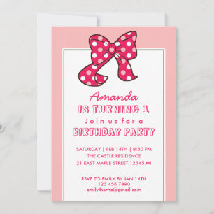 Pink Polka Dots Ribbon and Bow Birthday Invitation