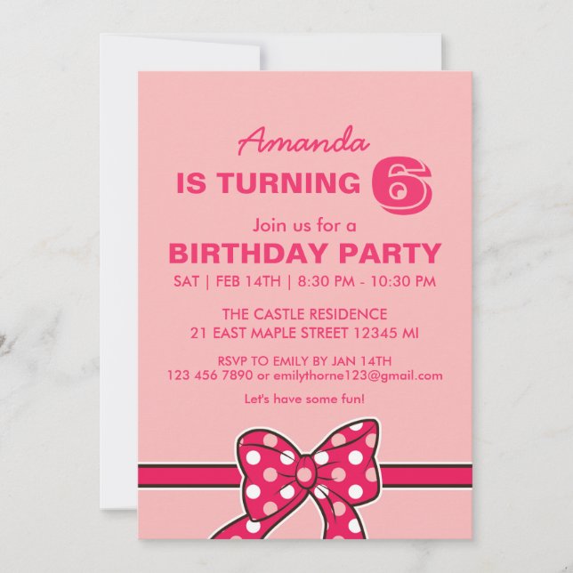 Pink Polka Dots Ribbon and Bow Birthday Invitation (Front)