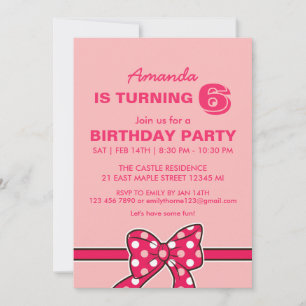 Pink Polka Dots Ribbon and Bow Birthday Invitation