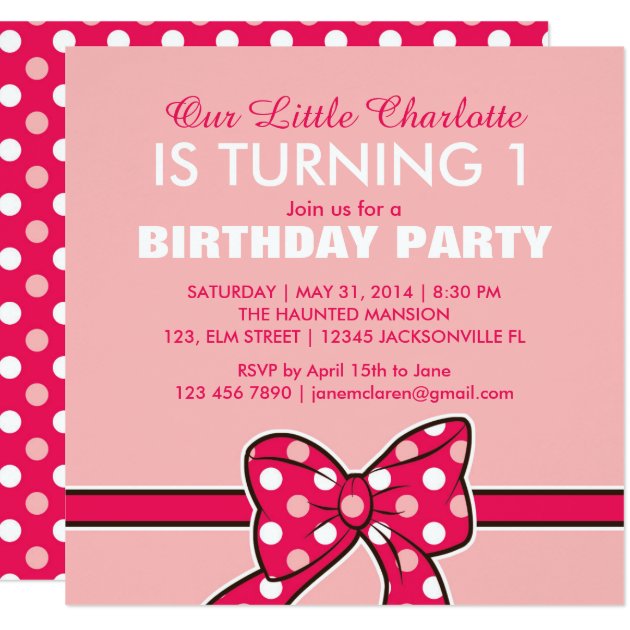 Pink Polka Dots Ribbon Birthday Invitation For Kid