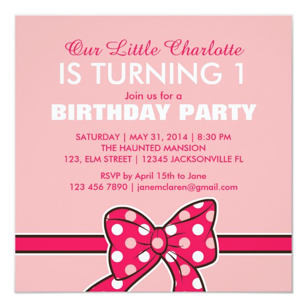 Pink Polka Dots Ribbon Birthday Invitation For Kid