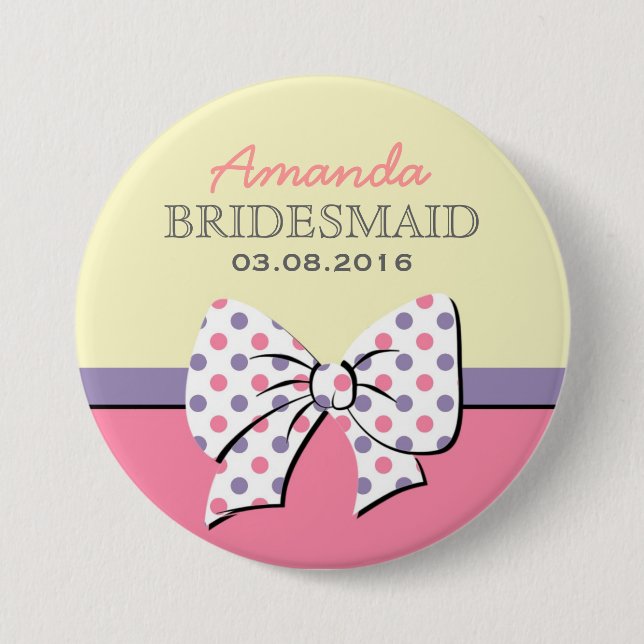Pink Polka Dots Ribbons and Bows BridesmaidButton Pinback Button (Front)
