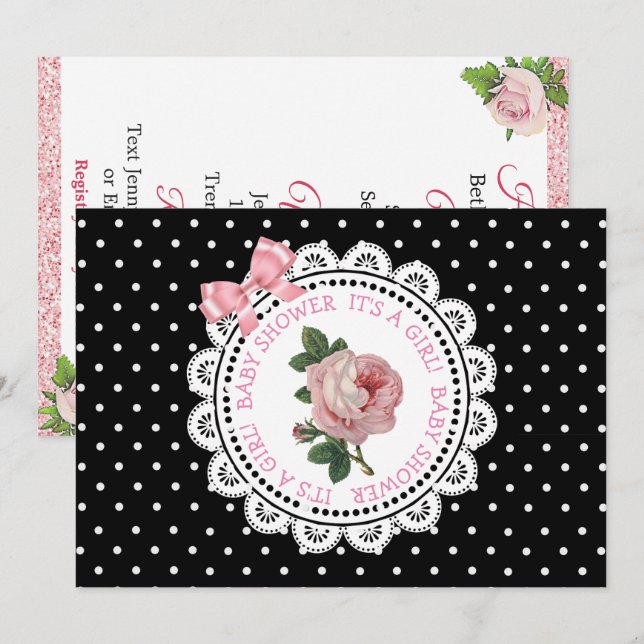 Pink Polka Dots Rose Girl's Baby Shower Invitation (Front/Back)