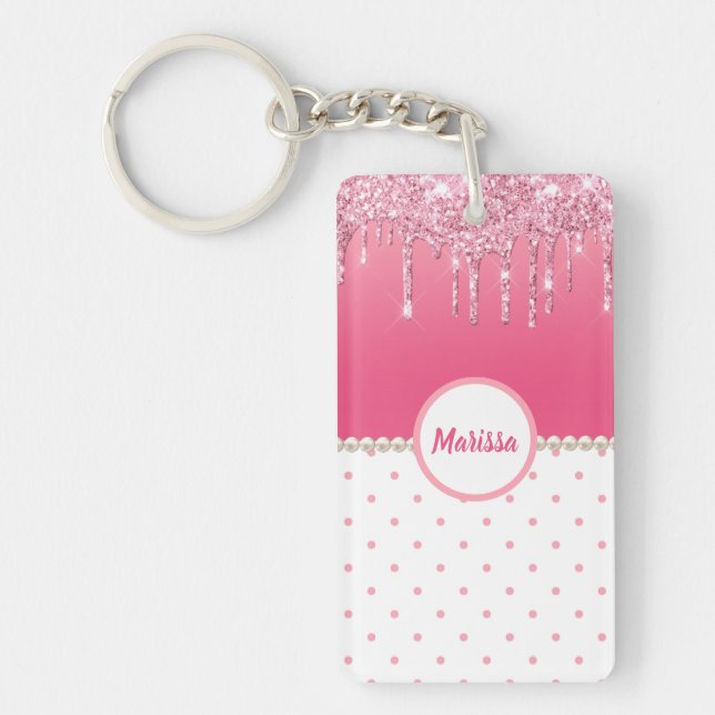 Pink Polka Dots & Silver Glitter Drip Personalized Keychain (Front)