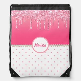 Pink Polka Dots & Silver Glitter Drips Monogrammed Drawstring Bag