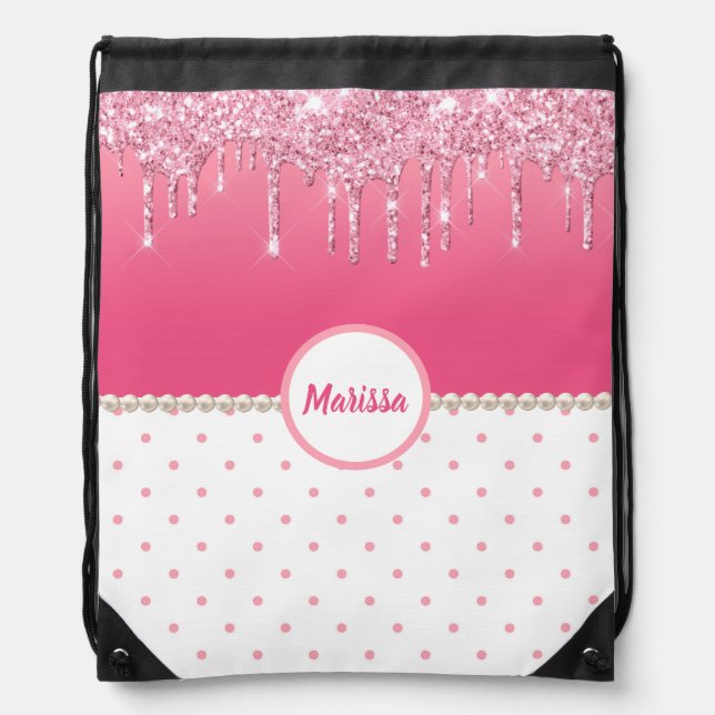 Pink Polka Dots & Silver Glitter Drips Monogrammed Drawstring Bag (Front)