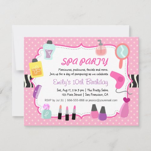 Pink Polka Dots Spa Birthday Party Invitation