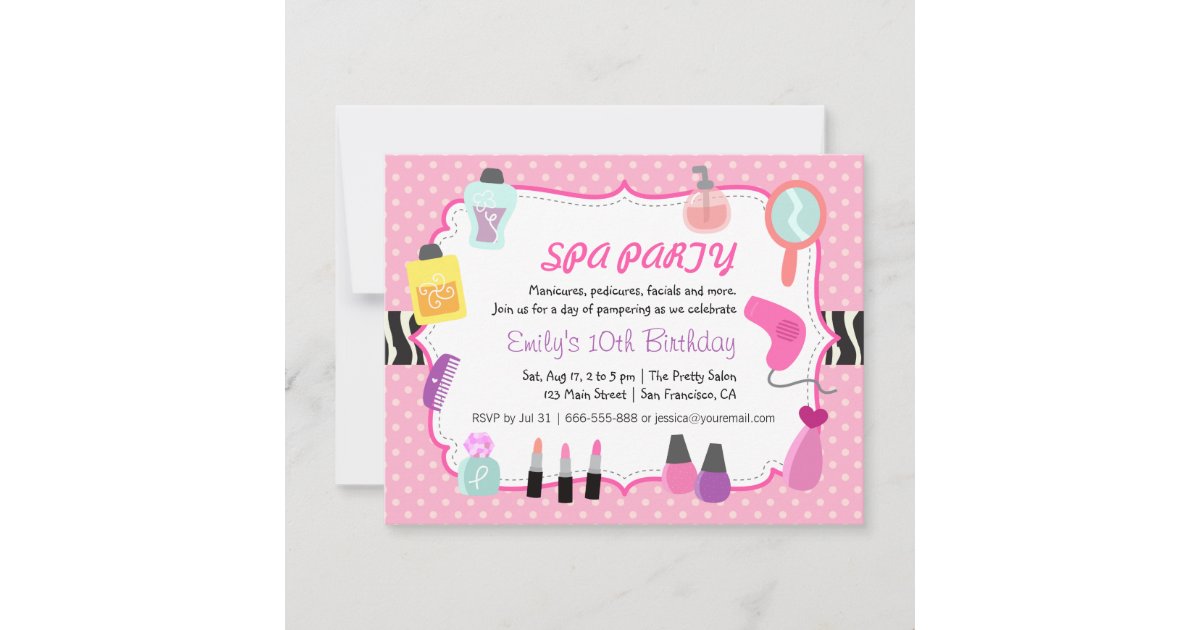 Pink Polka Dots Spa Birthday Party Invitation | Zazzle