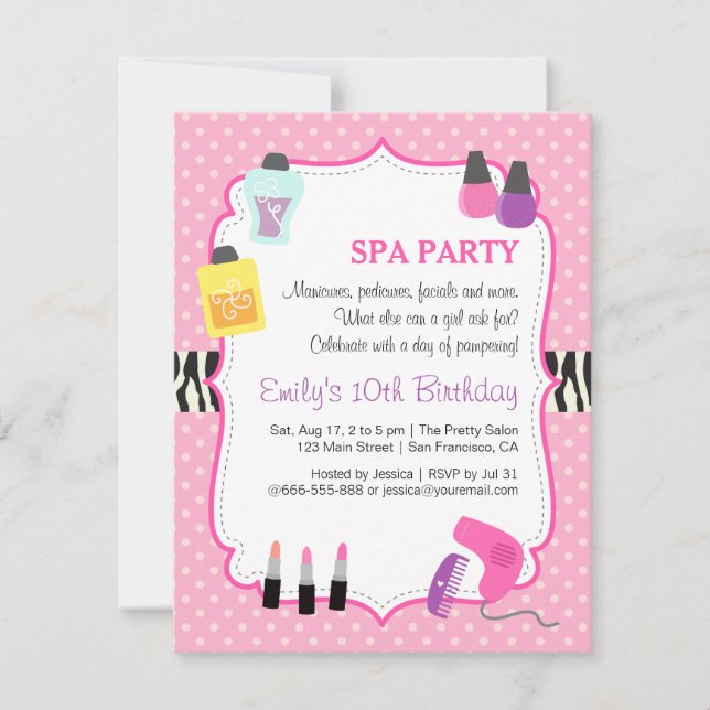 Pink Polka Dots, Spa Birthday Party Invitation (Front)