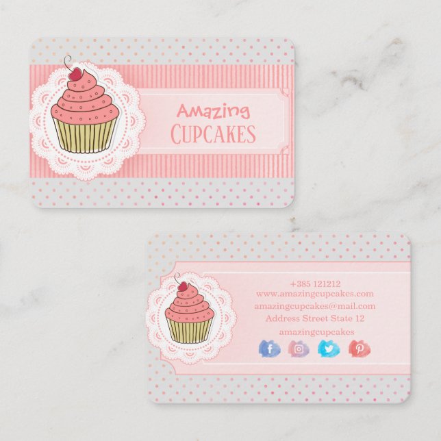 Pink Polka Dots Stripes Cupcake Business Card (Front/Back)