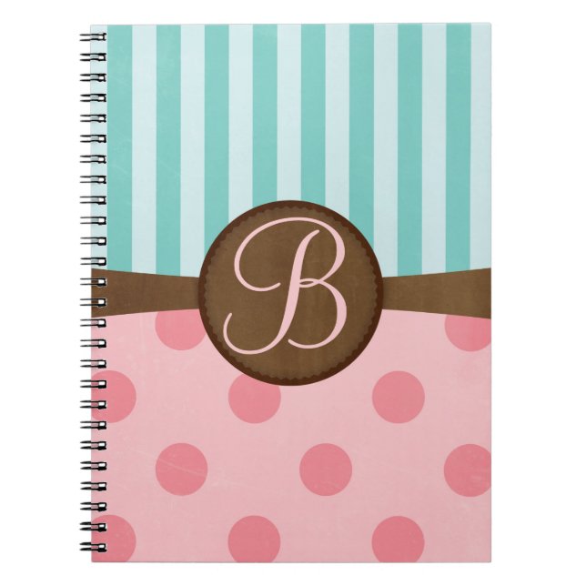 Pink polka dots teal stripes | monogram notebook (Front)