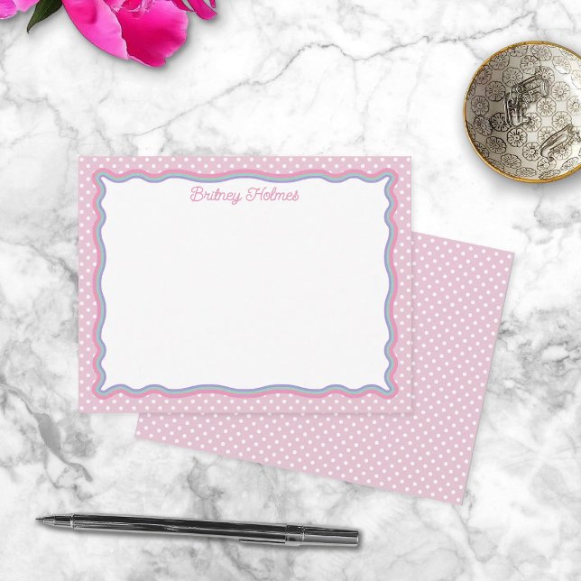 Pink Polka Dots & Wavy Frame Add Name Note Card (Creator Uploaded)