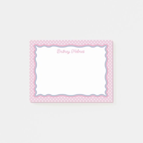Pink Polka Dots & Wavy Frame Add Name Post-it Notes