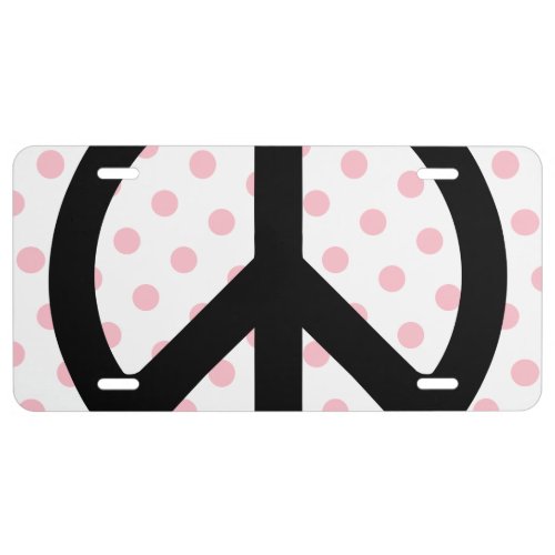 Pink Polka Dots with Black Peace Symbol License Plate