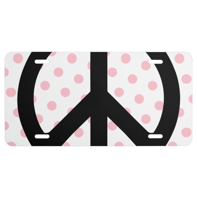 Pink Polka Dots with Black Peace Symbol License Plate (Front)