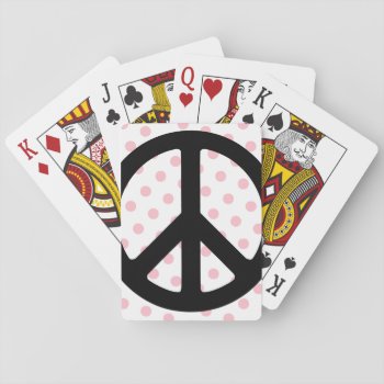 Pink Polka Dots With Black Peace Symbol Playing Cards by peacegifts at Zazzle