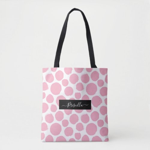 Pink Polka Dots with Custom Name Tote Bag