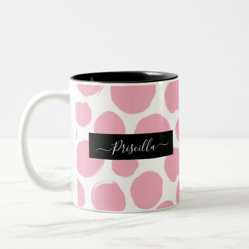 Pink Polka Dots with Custom Name Two_Tone Coffee Mug